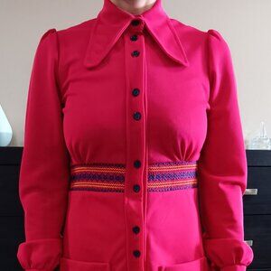 Vintage Pink Fuchsia Dress Paul Graham "Set The Scene" Wing Tip Collar 60s 70s